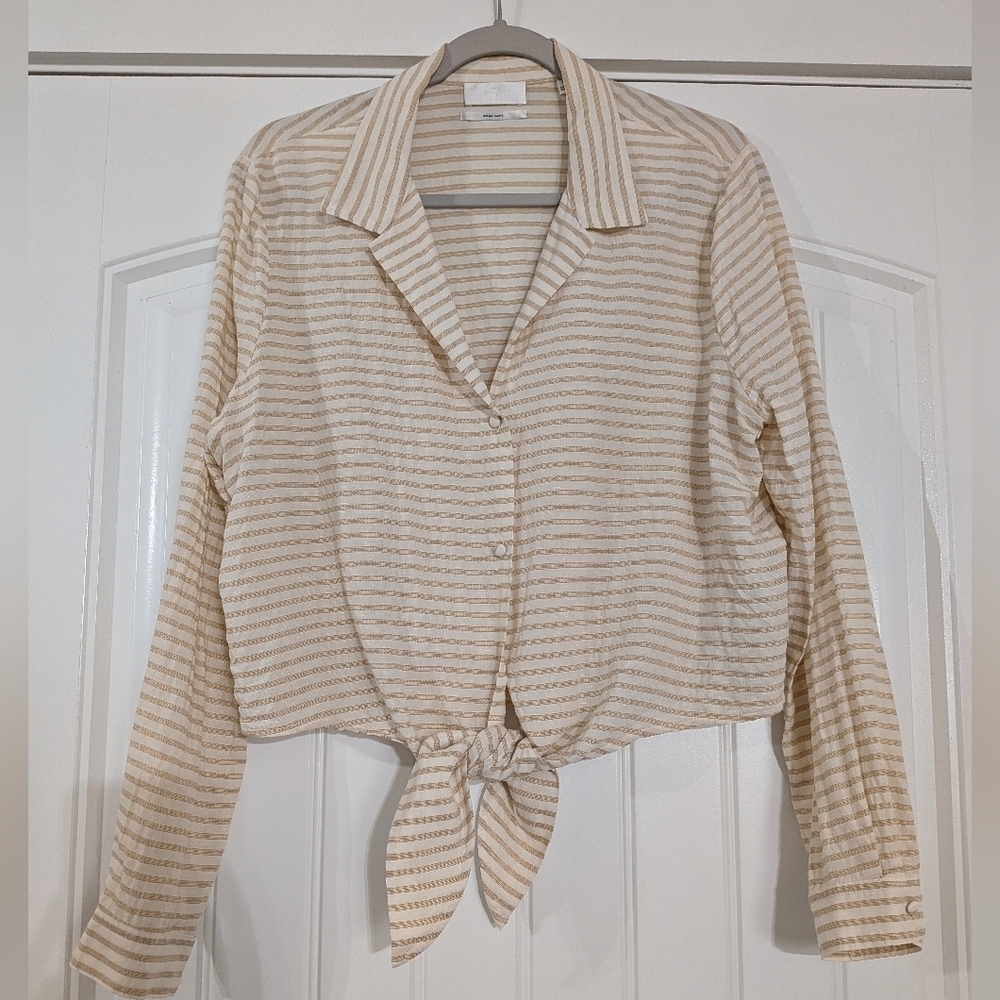 7 For All Mankind Linen Cotton Italian Fabric Blend Striped Button Down Blouse